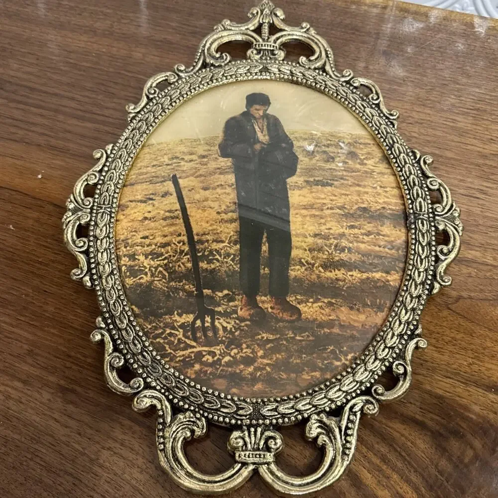 The Angelus By J F Millet Oval Metal Frame Convex Glass Farmer Praying Vtg